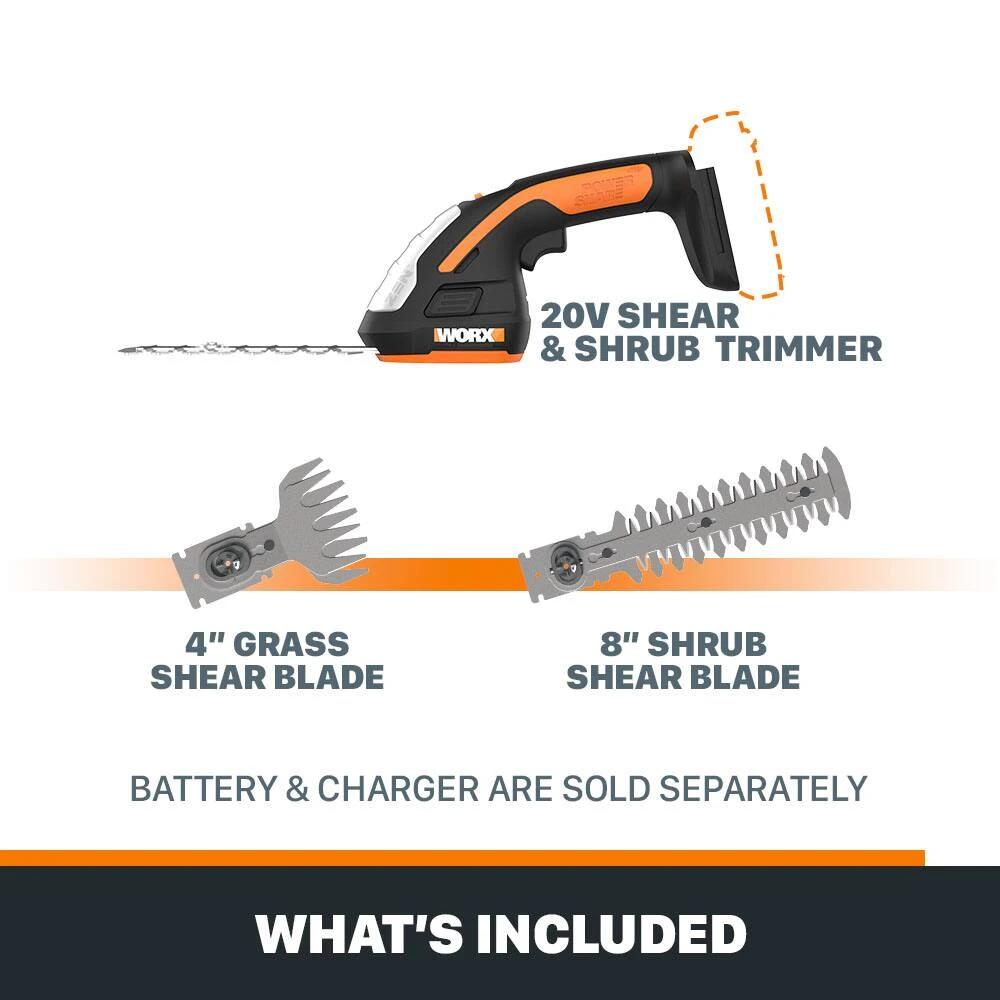 WORX Power Share 20 V 2-in-1 Cordless Shear & Shrubber Trimmer, Tool Only, 4-in & 8-in 3 WORX Power Share 20 V 2-in-1 Cordless Shear & Shrubber Trimmer, Tool Only, 4-in & 8-in - Image 3