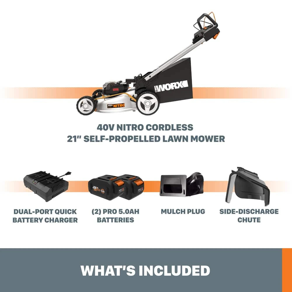WORX 3-in-1 Variable Speed 40V 5Ah Battery, Cordless, Self-Propelled Lawn Mower, 21-in 7 WORX 3-in-1 Variable Speed 40V 5Ah Battery, Cordless, Self-Propelled Lawn Mower, 21-in - Image 7