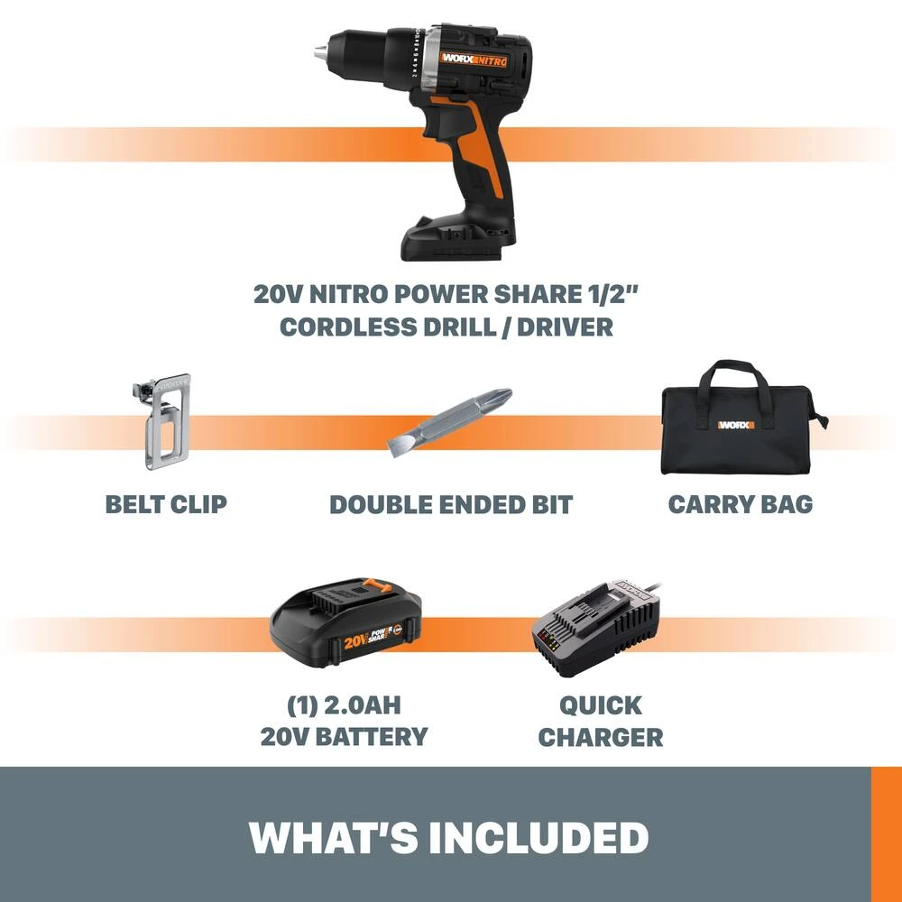 WORX WX102L 20V Nitro Power Share Brushless Cordless Drill/Driver With Battery & Charger, 1/2-in 6 WORX WX102L 20V Nitro Power Share Brushless Cordless Drill/Driver With Battery & Charger, 1/2-in - Image 6